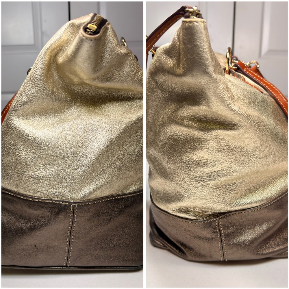 Dooney & Bourke O-Ring Shopper Tote Metallic Gold Bronze Leather Shoulder Bag L - Picture 4 of 15